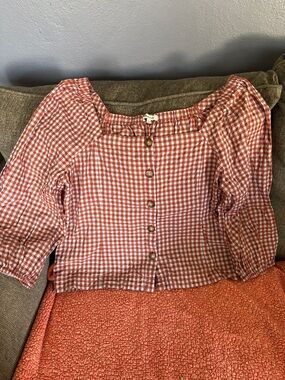 Gingham Button-Front Peasant Top - Rust/Light Blue